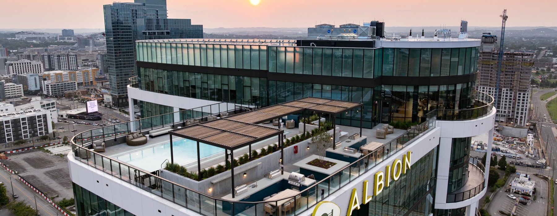 Albion Music Row rooftop pool at sunset