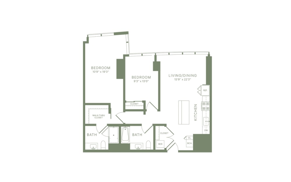 C13 - 2 bedroom floorplan layout with 2 bathrooms and 1025 square feet