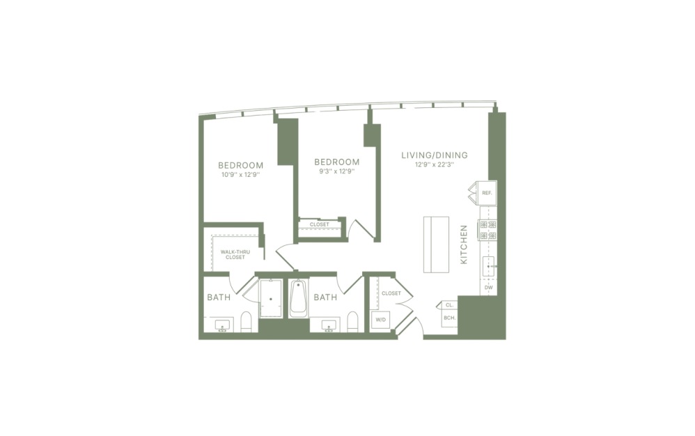 C14 - 2 bedroom floorplan layout with 2 bathrooms and 950 square feet
