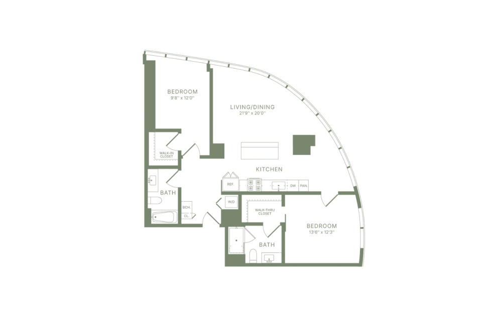 C15 - 2 bedroom floorplan layout with 2 bathrooms and 1130 square feet