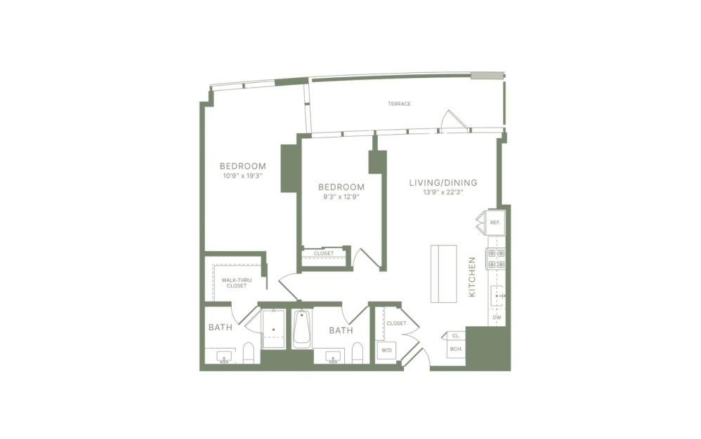 C16 - 2 bedroom floorplan layout with 2 bathrooms and 1015 square feet