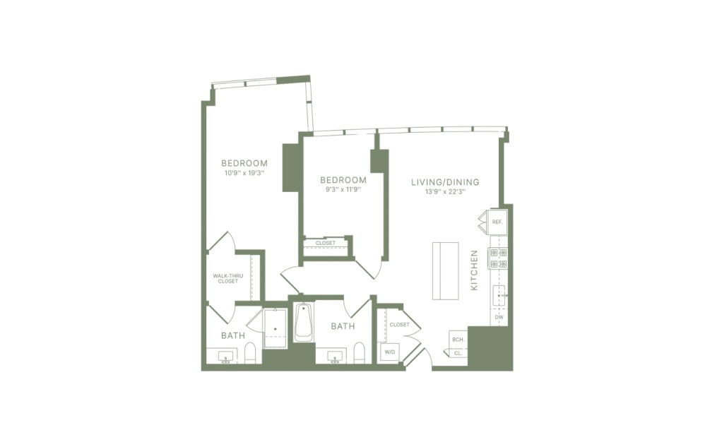 C17 - 2 bedroom floorplan layout with 2 bathrooms and 1020 square feet