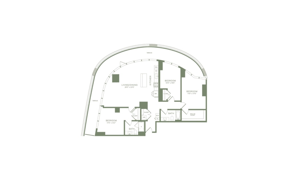 D1 - 3 bedroom floorplan layout with 2 bathrooms and 1500 square feet