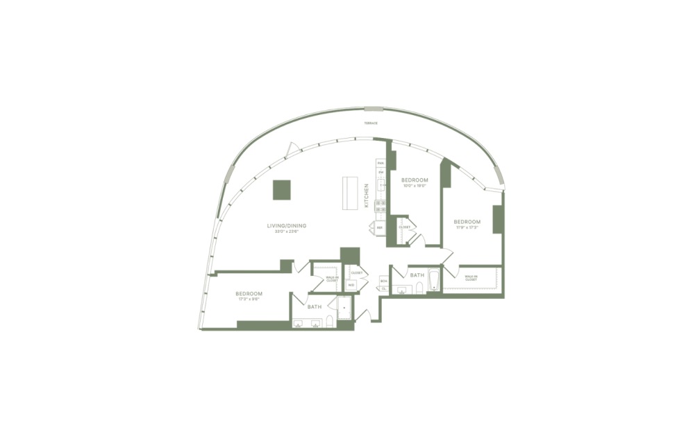D2 - 3 bedroom floorplan layout with 2 bathrooms and 1815 square feet