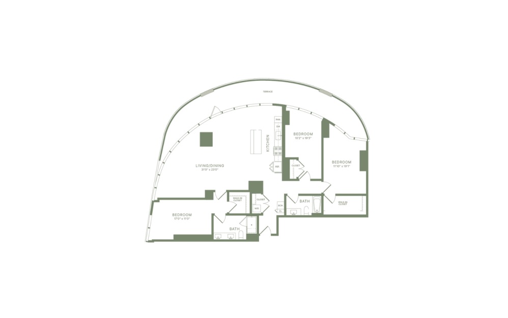 D3 - 3 bedroom floorplan layout with 2 bathrooms and 1770 square feet