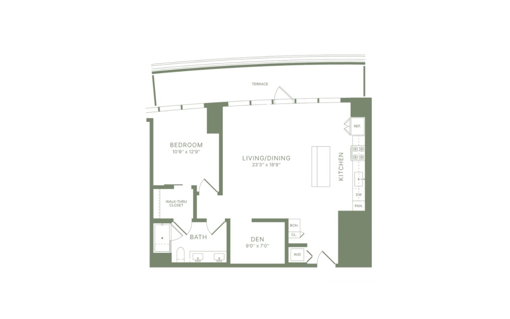 PHA1.1 - 1 bedroom floorplan layout with 1 bathroom and 920 square feet