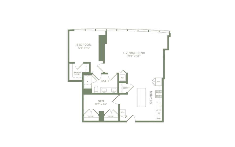 PHA2.1 - 1 bedroom floorplan layout with 1 bathroom and 1045 square feet