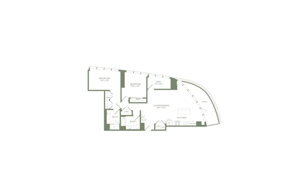 PHC1.1 - 2 bedroom floorplan layout with 2 bathrooms and 1370 square feet