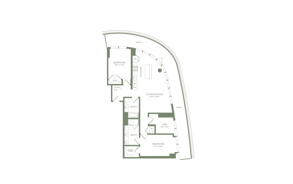 PHC2.1 - 2 bedroom floorplan layout with 2 bathrooms and 1250 square feet