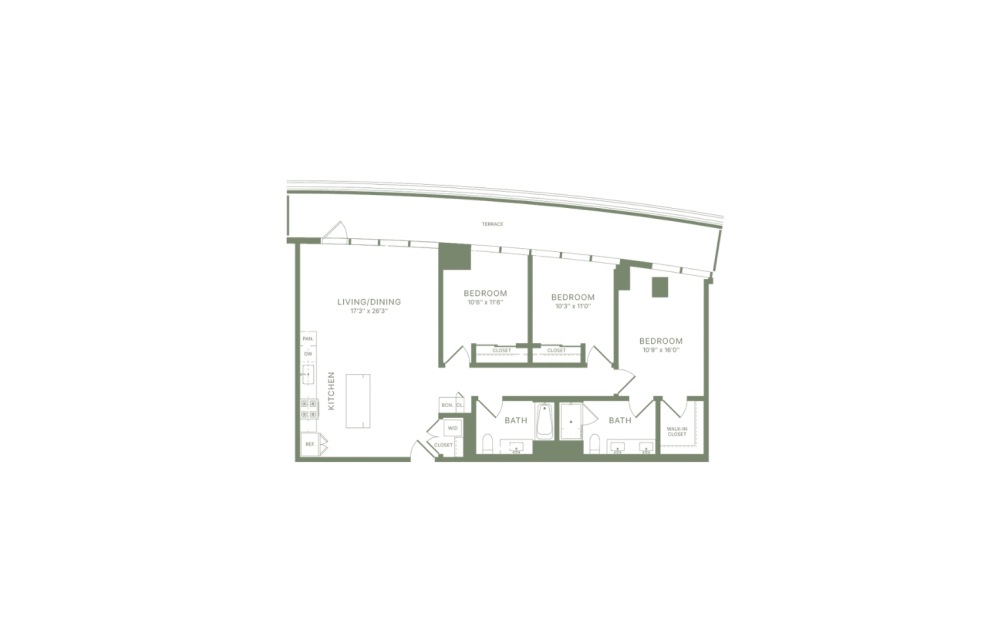 PHD1 - 3 bedroom floorplan layout with 2 bathrooms and 1315 square feet
