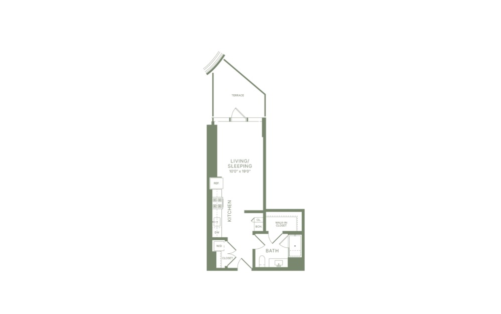 S1 - Studio floorplan layout with 1 bathroom and 485 square feet