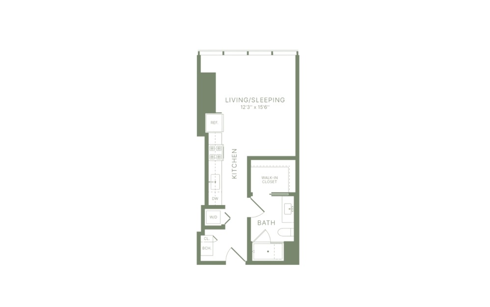 S3 - Studio floorplan layout with 1 bathroom and 475 square feet