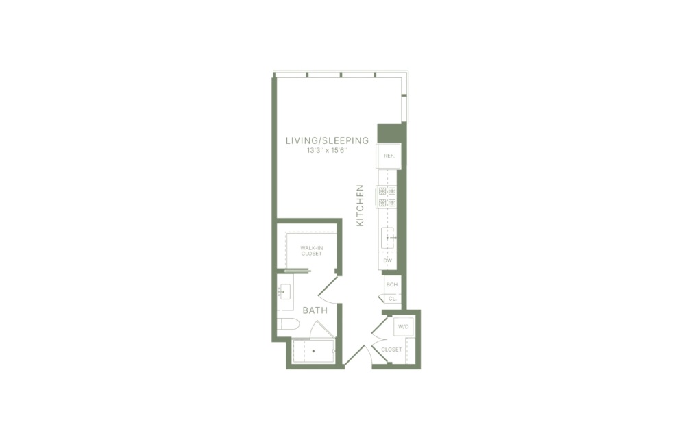 S4 - Studio floorplan layout with 1 bathroom and 475 square feet