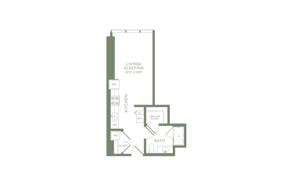 S5 - Studio floorplan layout with 1 bathroom and 465 square feet