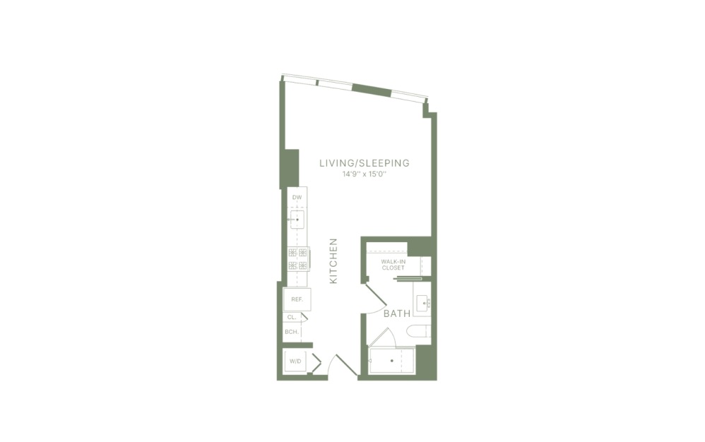 S6 - Studio floorplan layout with 1 bathroom and 460 square feet