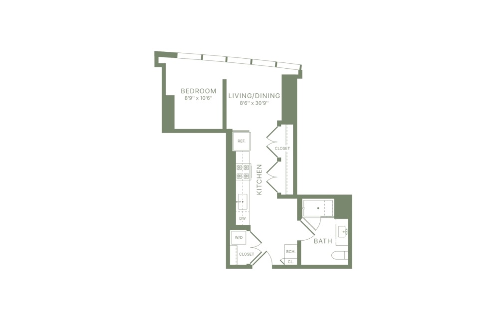 V1 - 1 bedroom floorplan layout with 1 bathroom and 510 square feet