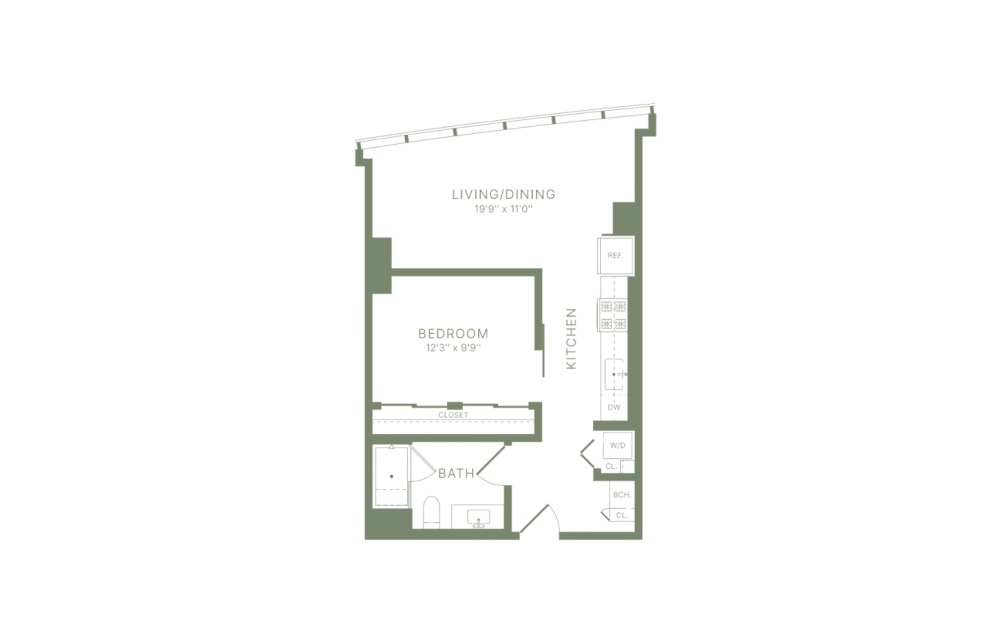 V2 - 1 bedroom floorplan layout with 1 bathroom and 640 square feet