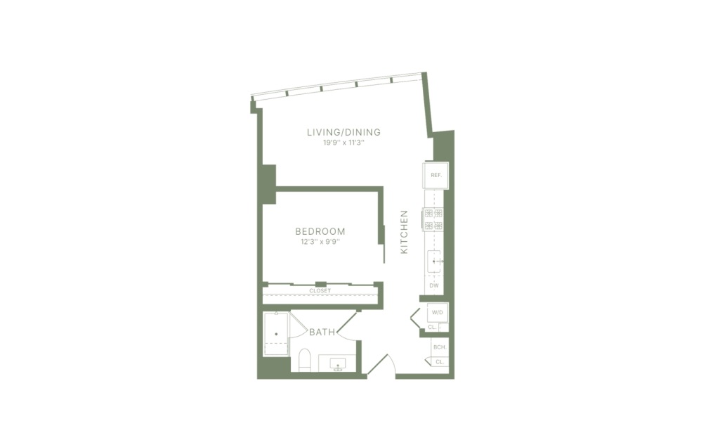 V3 - 1 bedroom floorplan layout with 1 bathroom and 615 square feet