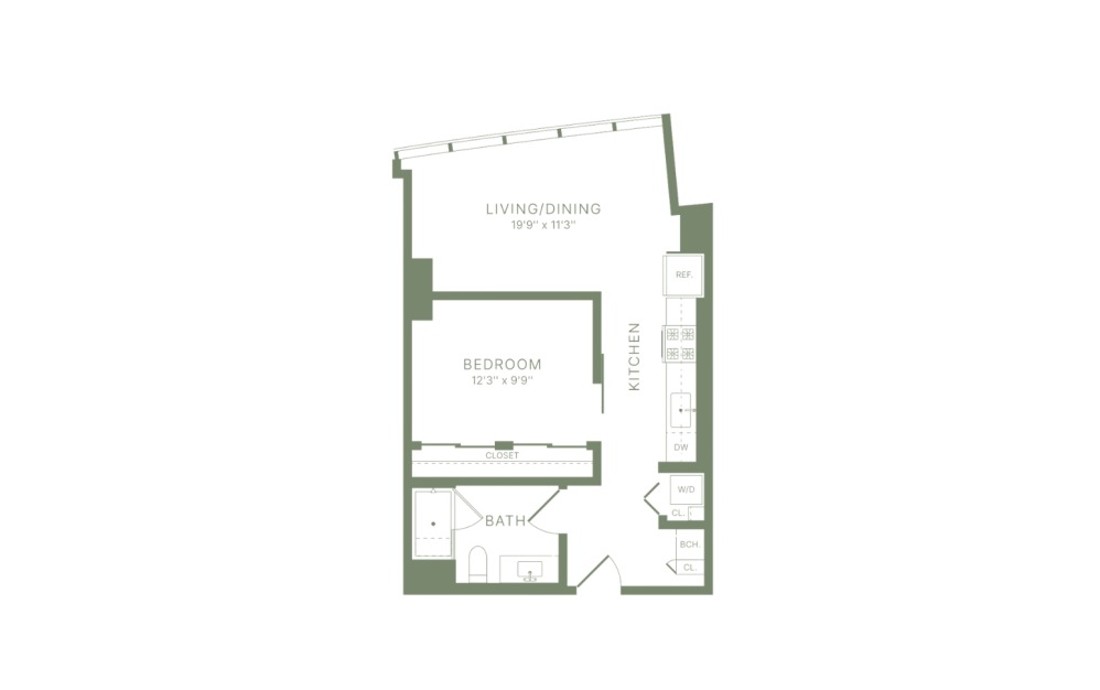 V4 - 1 bedroom floorplan layout with 1 bathroom and 615 square feet