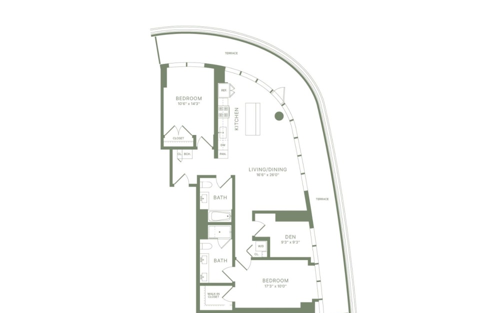 PHC2.1 - 2 bedroom floorplan layout with 2 bathrooms and 1350 square feet