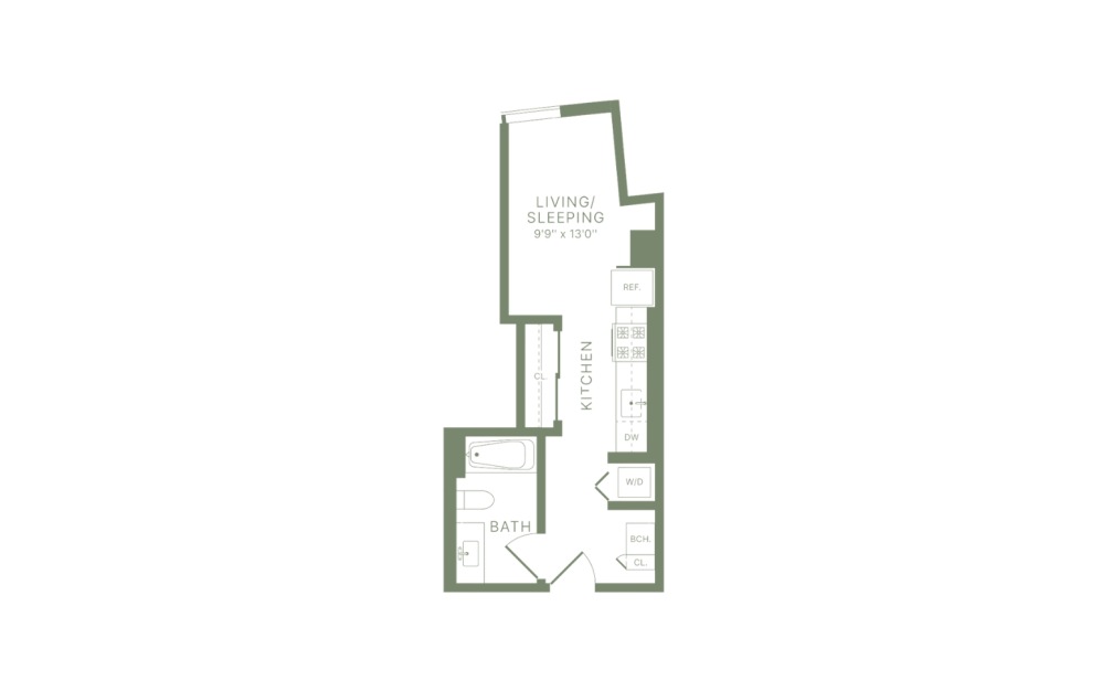 M2 - Studio floorplan layout with 1 bathroom and 340 square feet