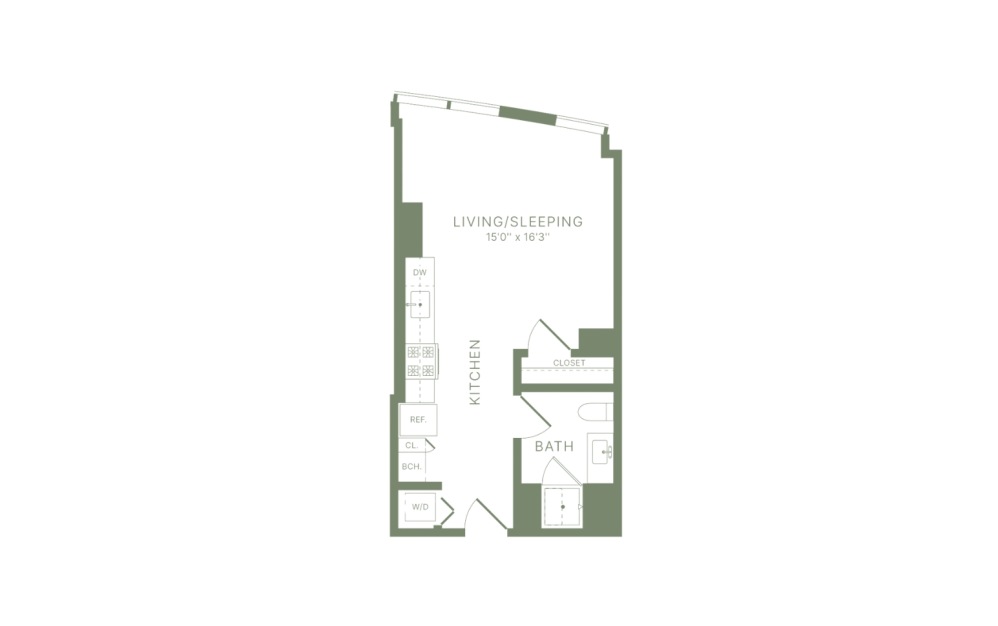 S2 - Studio floorplan layout with 1 bathroom and 460 square feet