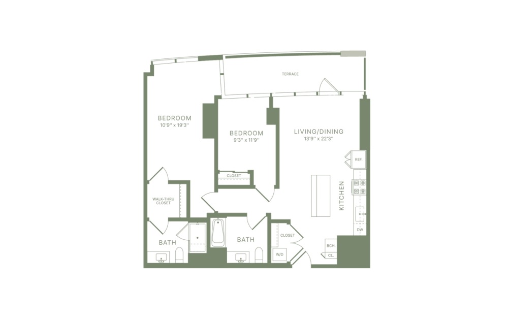 C12 - 2 bedroom floorplan layout with 2 bathrooms and 1020 square feet