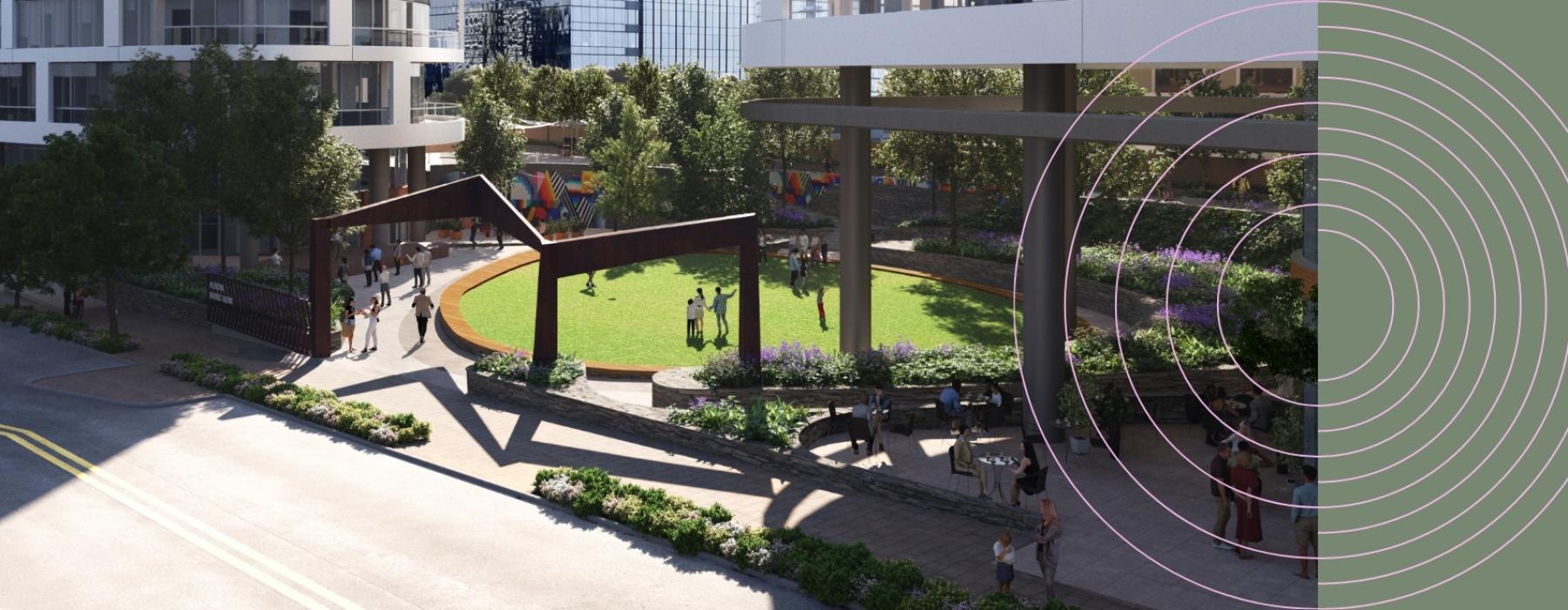 a group of people walking on a sidewalk next to a large sculpture