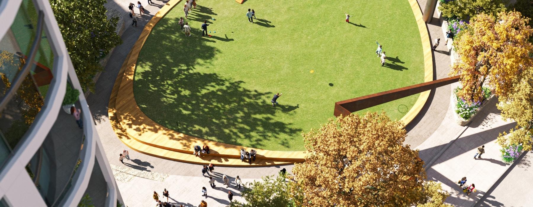 a large green park with people