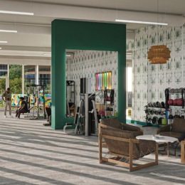 an interactive room with treadmills and colorful decor