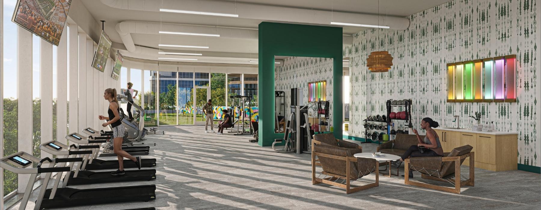 an interactive room with treadmills and colorful decor