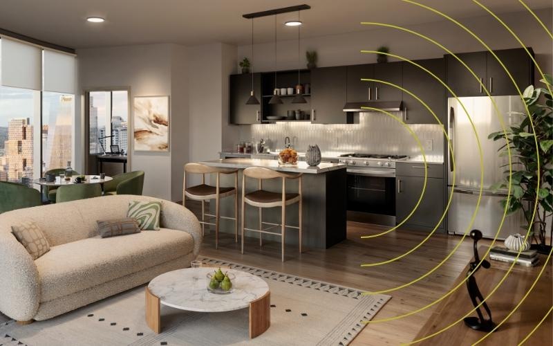 a living room with a large glass wall